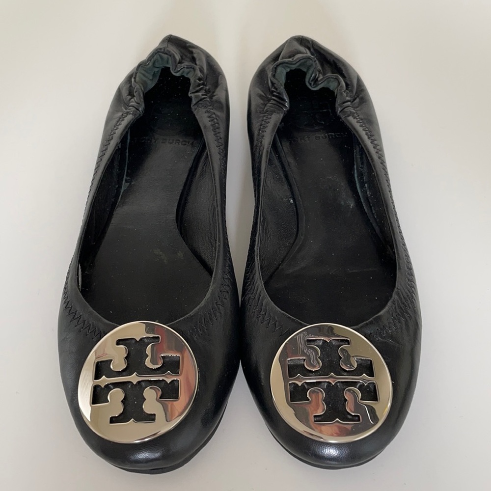 🤩🌟Black Tory Burch leather flats/slippers silver hardware 🥳